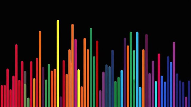 Minimalist vertical bars in a vibrant rainbow palette rising and falling at various heights against a solid black background, simulating a rhythmic audio equalizer or data graph.