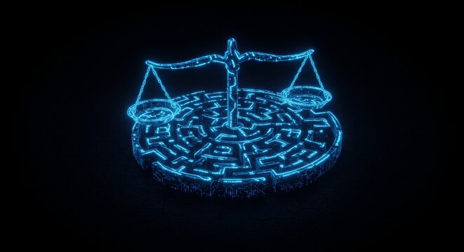 Glowing blue digital scale of justice on top of a futuristic circular maze. Abstract concept of law, logic, system complexity, and legal problem solving in a virtual reality environment.