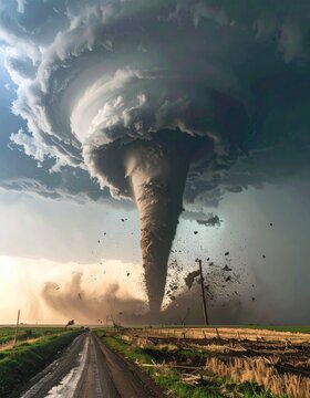 Tornado during a severe weather outbreak. Tornado funnel with debris beneath a supercell thunderstorm during a severe weather outbreak 
