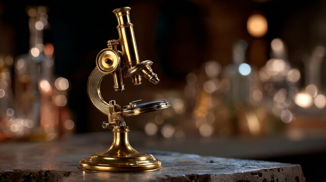 Vintage brass microscope on rustic wooden table, warm light, antique scientific instrument