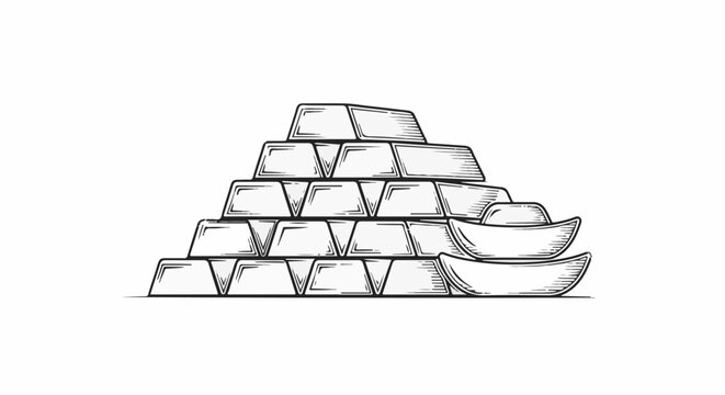 Stacked gold bars and ingots on a white background, engraved style
