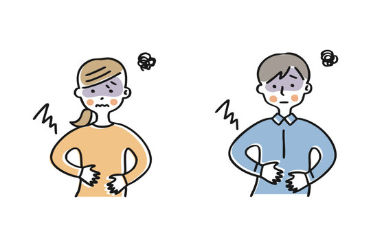 腹痛でお腹を押さえる男女