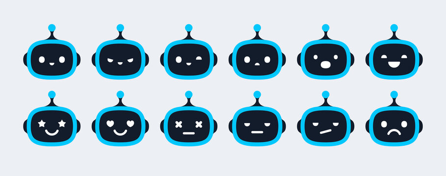 AI chatbot bot head emotions and facial expressions kit. Blue robot assistant face icons with happy, sad, angry and surprised moods for mobile app UI UX design