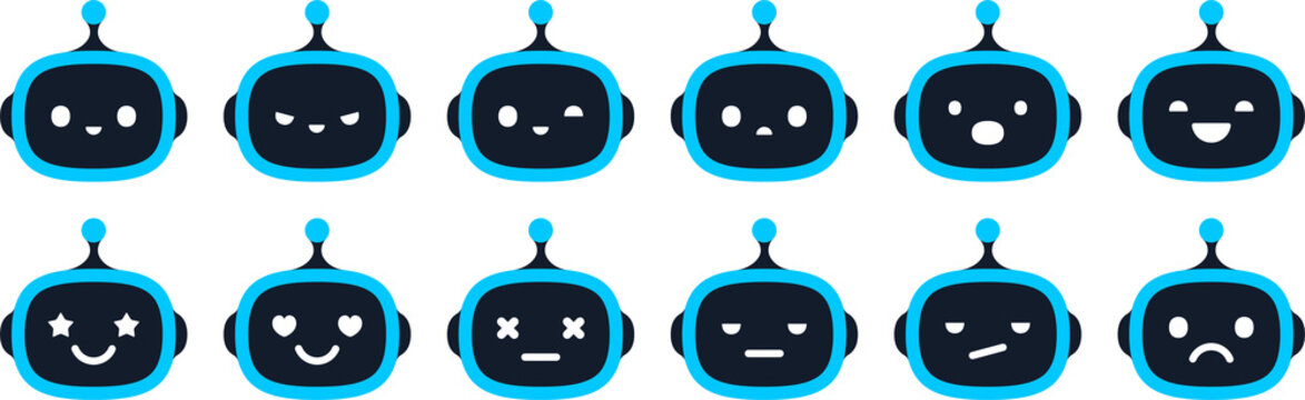 AI chatbot bot head emotions and facial expressions kit. Blue robot assistant face icons with happy, sad, angry and surprised moods for mobile app UI UX design