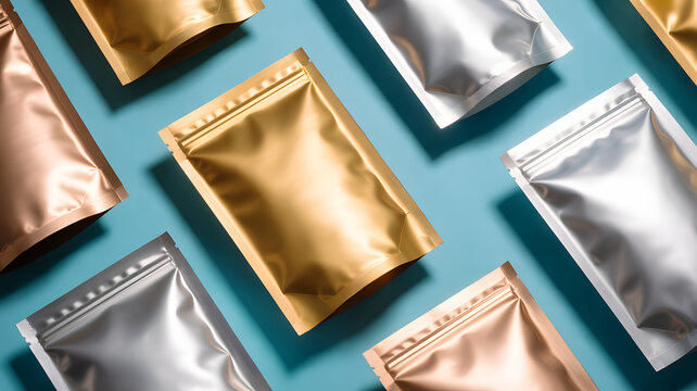 Mockup of gold and silver foil pouches with zipper on blue background for food or cosmetic packaging