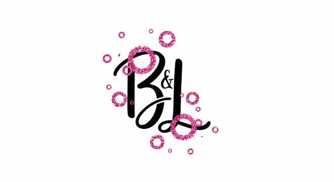 Elegant black script letters B and L with pink glittery circles