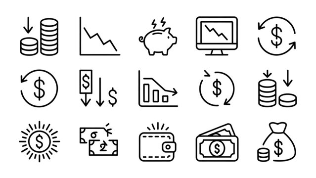 Collection of icons representing financial and economic activities Vector