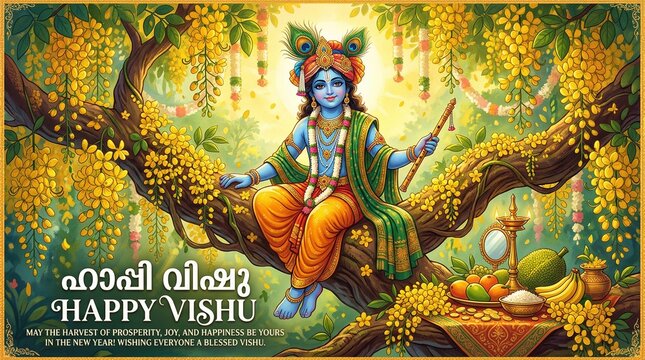 Happy Vishu greetings. April 14 Indian Kerala festival with Vishu Kani, vishu flower Fruits and vegetables in a bronze vessel. abstract vector illustration design