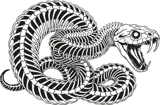 A detailed monochromatic illustration of a coiled snake skeleton with its sharp fangs exposed.