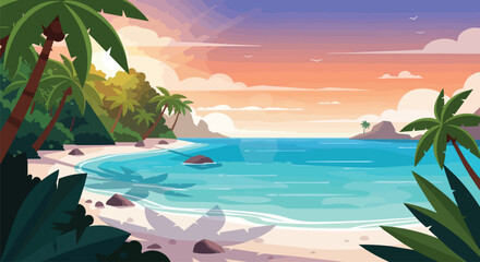 Fototapeta premium Tropical Beach Paradise with Palm Trees and Ocean Sunset Vector Illustration
