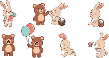 Obraz premium Cute Bear and Bunny Character Set with Balloons, Baskets, Carrots, and Playful Poses for Kids' Illustrations and Easter Designs