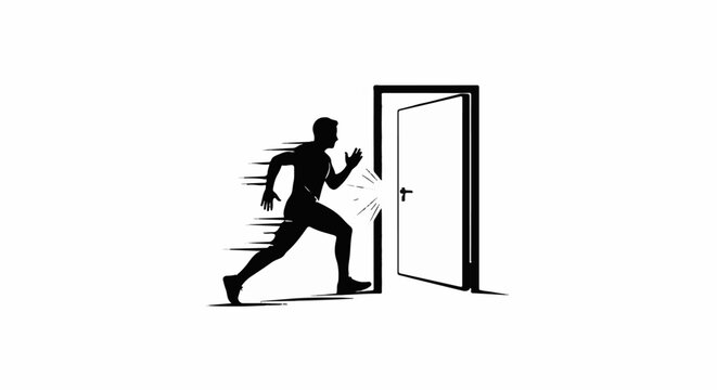 Silhouette of a person running through an open door with motion blur