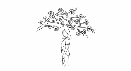 Fototapeta premium Sketch of a woman under a blooming tree branch