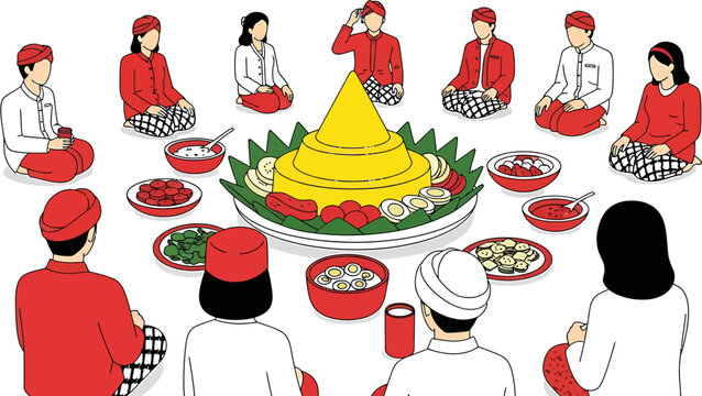 Illustration of a Javanese traditional wedding ceremony with guests seated around a conical rice dish