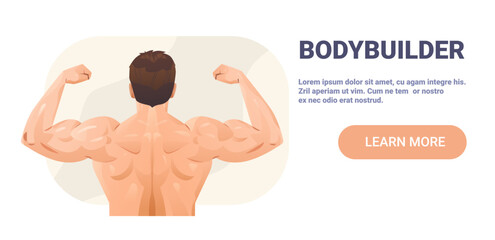 Bodybuilder flexing muscular back strength fitness male showing biceps on light abstract background website banner template
