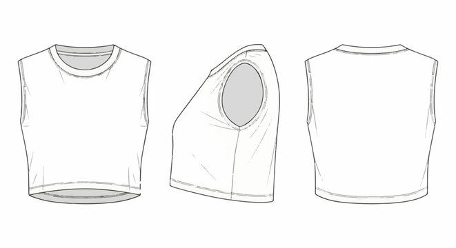 Fashion flat sketch of a sleeveless cropped t-shirt from front, side, and back