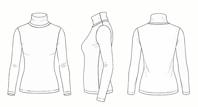 Fashion sketch three views of a long-sleeved turtleneck top
