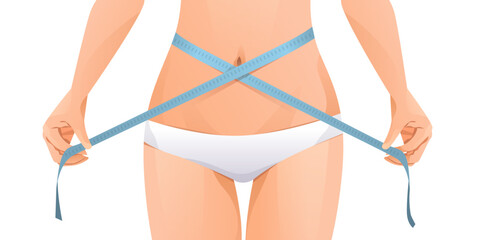 Woman measuring waist fitness body slimming concept female torso in underwear holding tape measure flat style isolated on white background