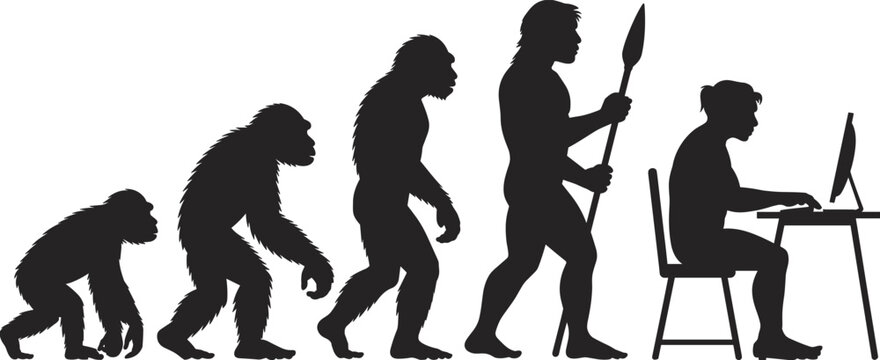 Human evolution silhouettes from primates to modern technology users, progression of mankind development ending with contemporary person at computer desk, humorous illustration of posture change