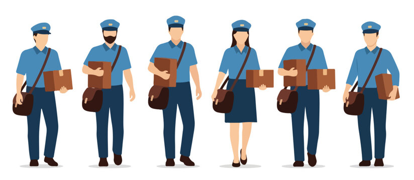 Set of postal worker carrying a brown package and a mailbag, minimalist flat art, no stroke, white background.