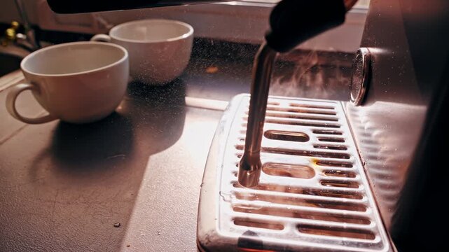Close Up First Person View Steam Wand Purging With Water And Steam In Slow Motion Over Drip Tray, Cleaning Residue And Maintaining Coffee Machine Hygiene