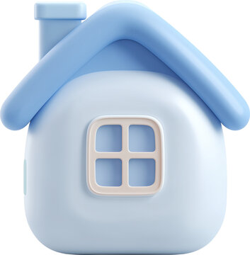 3d cute cartoon house icon with blue roof isolated on transparent background.