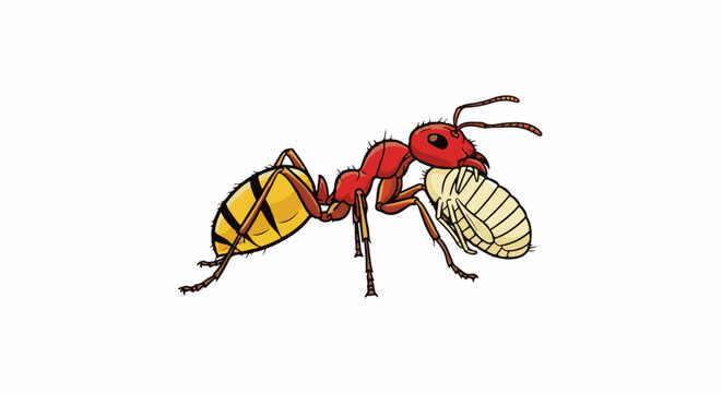 Red ant carrying a light-colored grub with yellow striped abdomen