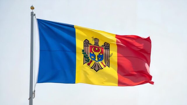 Flag of Moldova waving in the wind against a cloudy sky  