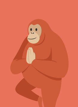 Orangutan in yoga pose, mindfulness meditation, graceful ape balancing on one leg, nature and zen concept.