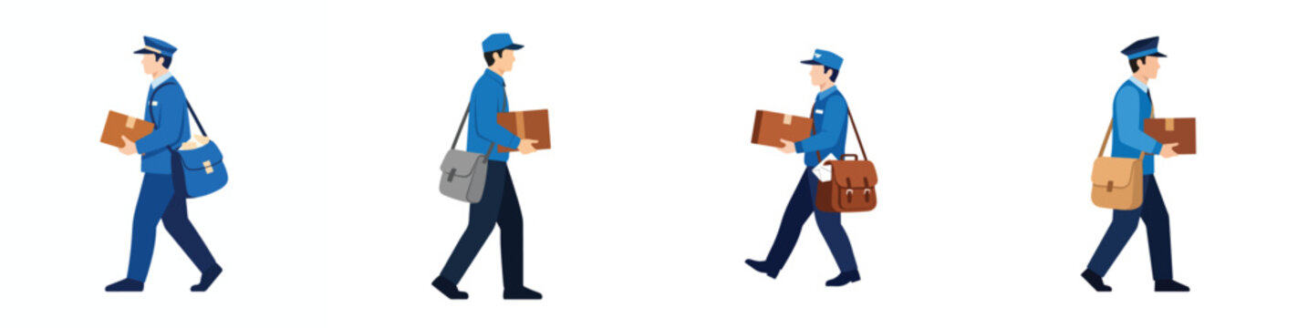 Set of postal worker carrying a brown package and a mailbag, minimalist flat art, no stroke, white background.
