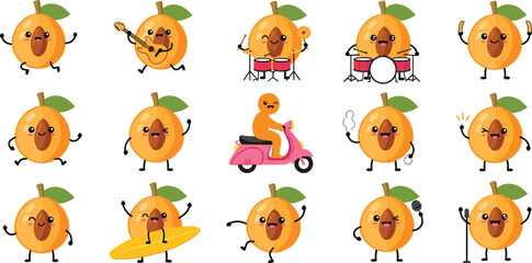 Fototapeta premium Cartoon Peach Character Vector Set Featuring Fun Activities Like Playing Music, Surfing, and Riding a Scooter for Digital Media and Illustrations