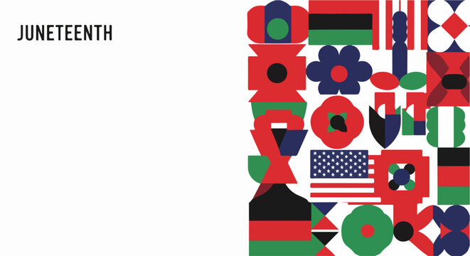 Juneteenth celebration, abstract geometric shapes with pan African colors. Juneteenth banner features mosaic pattern, red, black, green elements, American flag motif.