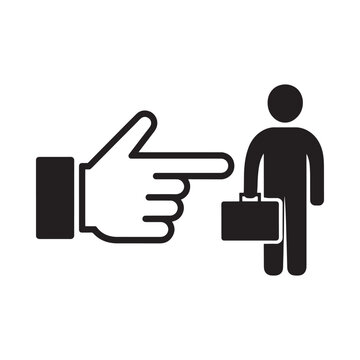 A simple black silhouette of a hand pointing towards a stick figure with a briefcase