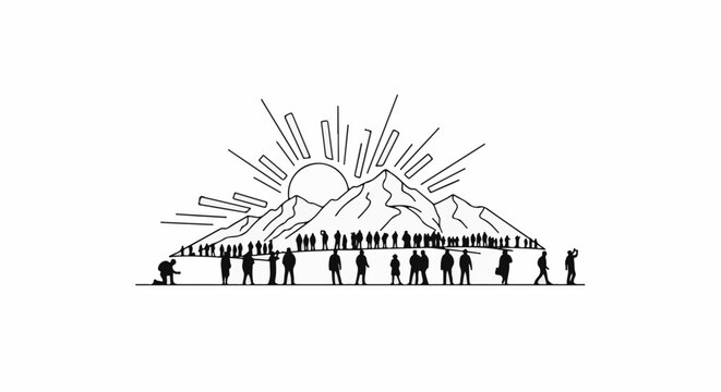 Silhouetted figures stand before a mountain range bathed in stylized sunrays