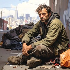 Fototapeta premium A disheveled man sits on a city sidewalk