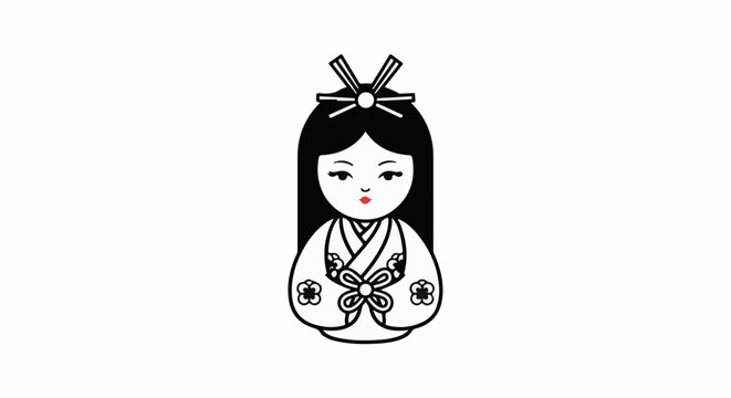 Simple illustration of a Japanese doll with black hair and red lips