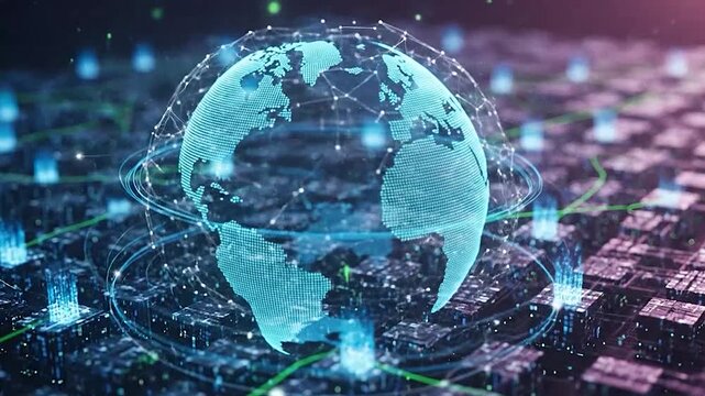 Digital globe with interconnected network nodes and glowing data streams