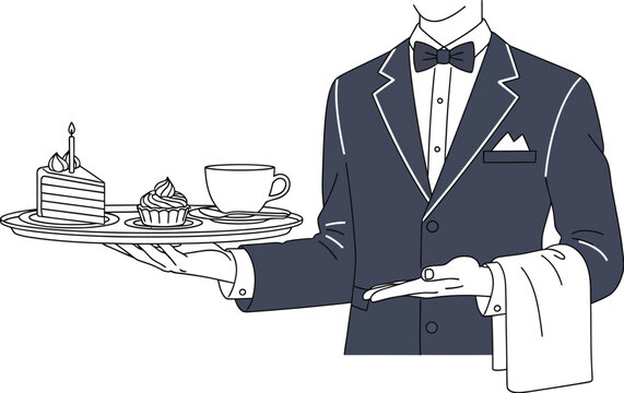 Elegant waiter serving a tray with cake and coffee