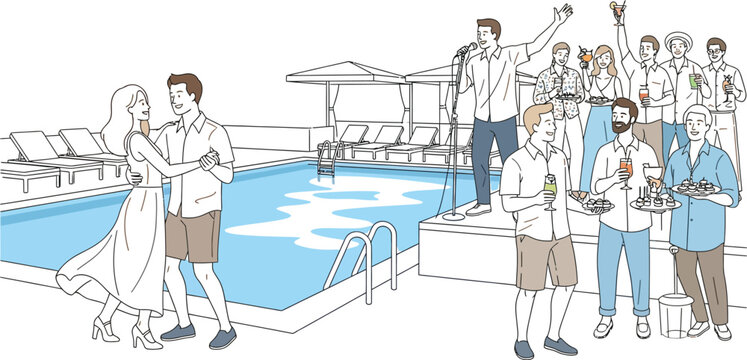 Young couple dancing by the pool at a party with friends