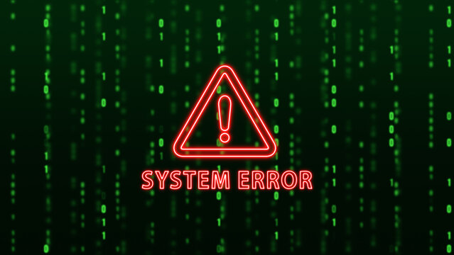 Neon System Error Warning Sign on Green Digital Matrix , cyber Security and Technology social media background