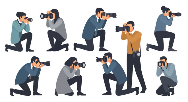 A photographer holding a modern professional camera, minimalist flat style, no outlines, white background