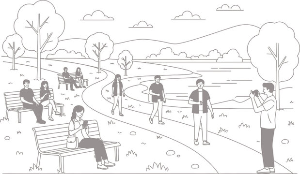 people walking and sitting in a park with a lake and trees in the background illustration