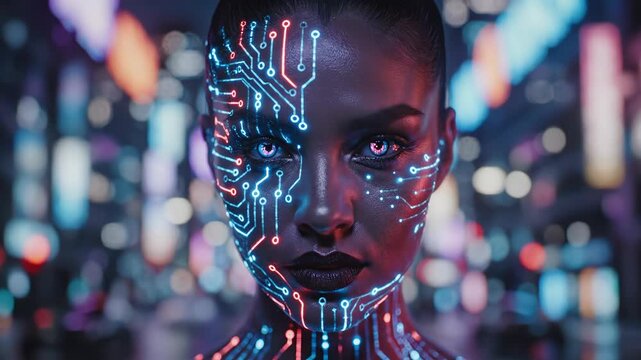 Closeup portrait of a woman with glowing red and blue electronic circuit patterns on her face and neck in a neonlit city
