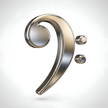 Bass Clef Symbol in Sleek Glossy Polished Silver Metal Isolated on a Clean White Background Featuring a Modern Three Dimensional Design Style
