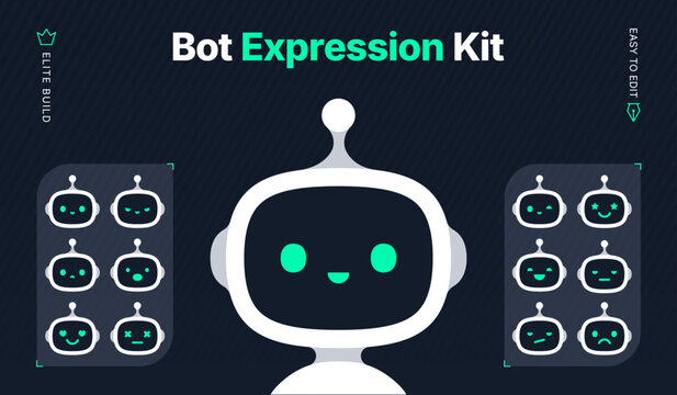 AI chatbot robot emotions and facial expressions kit. Neon mint bot face icons for virtual assistant interface and mobile app UI UX design. Modern flat character set