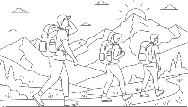 Three friends hiking together in a scenic mountain landscape with backpacks and sunshine