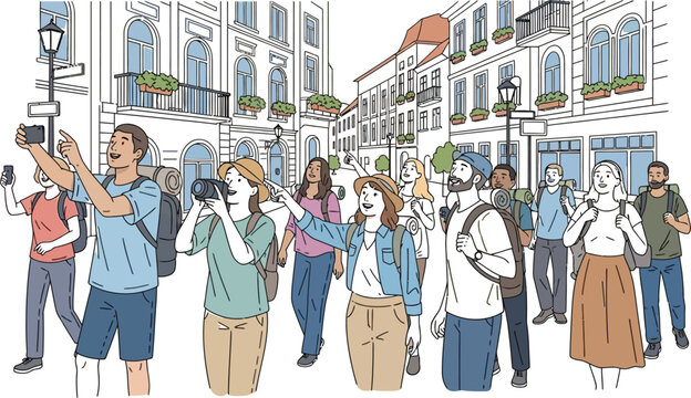 Group of tourists exploring city street with cameras and backpacks