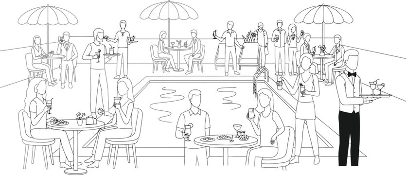 Vector illustration of people socializing and enjoying drinks at an outdoor restaurant patio with tables and umbrellas