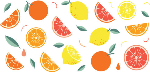 Fototapeta premium Fresh Citrus Fruit Illustration Set with Orange, Lemon, Grapefruit Slices, Juicy Elements, Leaves, and Healthy Organic Food Vector Collection.