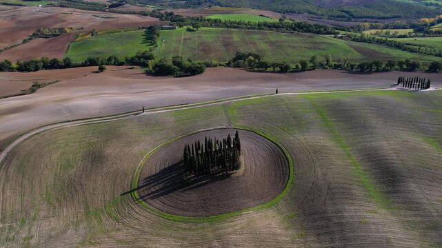 Tuscany Drone Video Master Shot, Iconic Circle of Cypress Trees in Val d'Orcia, Minimalist Landscape with Winding Road and Car, Scenic Rolling Hills at Golden Hour, Italian Travel 4K 4-in-1